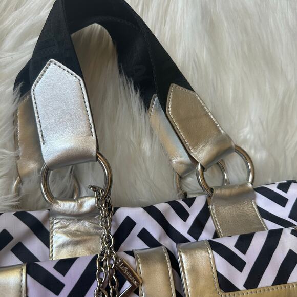 Vintage Y2K Lesportsac Leather Trim Metallic Striped Shoulder Bag Chevron Retro‎ - Picture 4 of 11